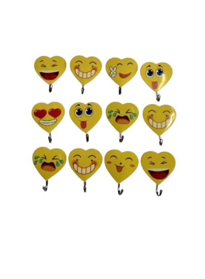 Yellow Heart Emoji Self-Adhesive Wall Hooks, Multipurpose Decorative Sticky Hangers for Kitchen, Bathroom, & Home Wall